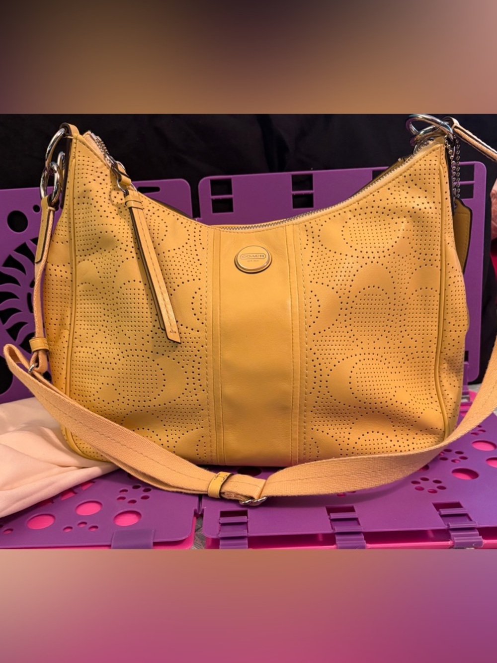 Coach Signature Yellow Perforated Leather  Hobo Shoulder Bag excellent condition